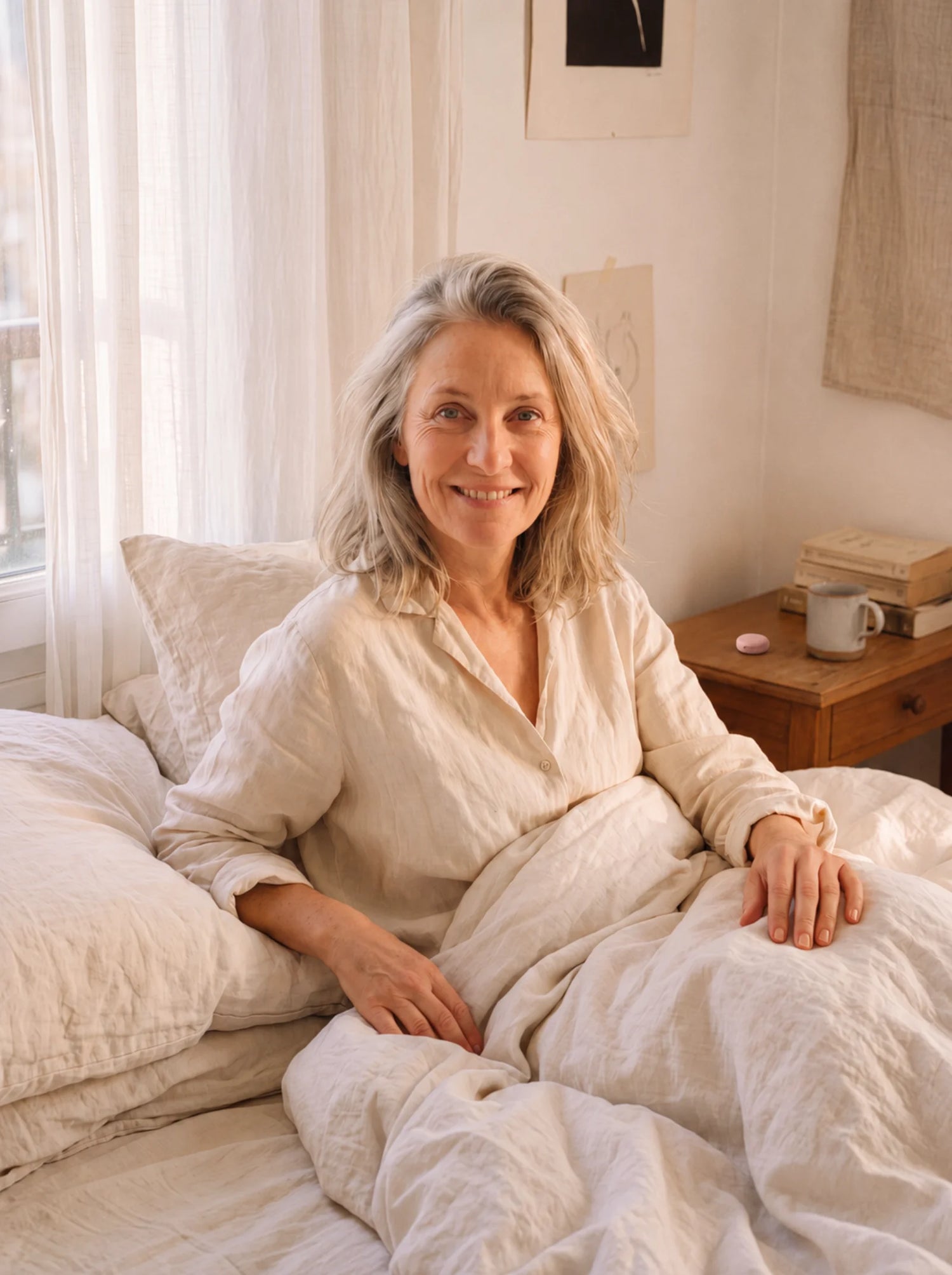 Christine - 51 ans, sommeil leger, boitier Sleepyzy rose sur table de chevet