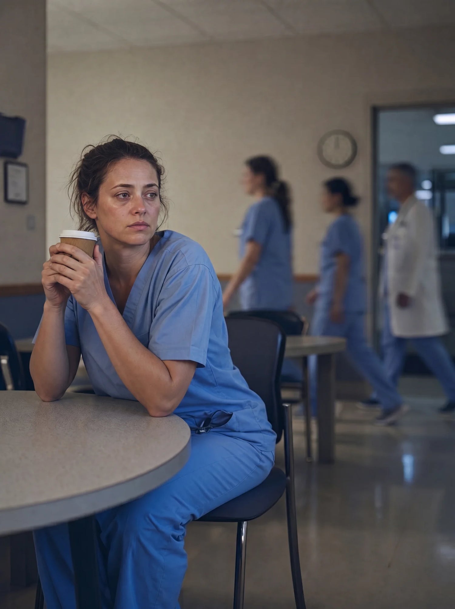 Nadia - infirmiere de nuit epuisee en cafeteria d'hopital